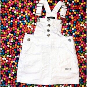 DKNY sz 5 Girls Youth White Cotton Stretch Denim Jeans Overalls Dress Jumper